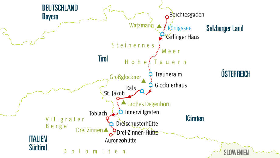Alpenüberquerung Karte vom Königssee zu den Drei Zinnen Frauenreise