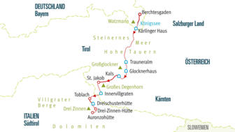 Karte Alpenüberquerung Young Summits Königssee zu den Drei Zinnen
