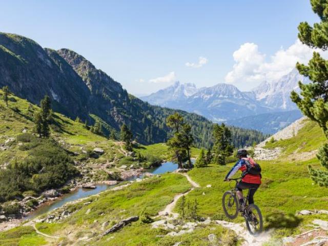 Mountainbiker bei der Abfahrt in den Alpen