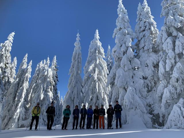 Schneeschuh-Gruppe vor verschneiten Bäumen im Bayerischen Wald