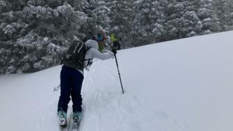 Skitourengeher im Aufstieg mit Pulver