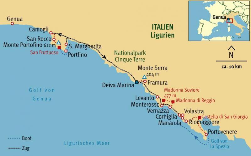 Küstenwanderungen in der Cinque Terre: mit Bahn und Boot die Ligurische