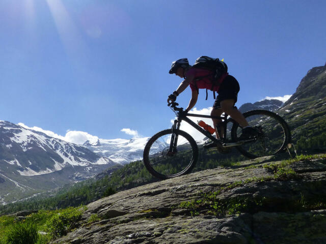 Mountainbiker bei der Abfahrtin den Alpen