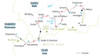 Karte der Haute Route im Sommer von Zermatt nach Chamonix
