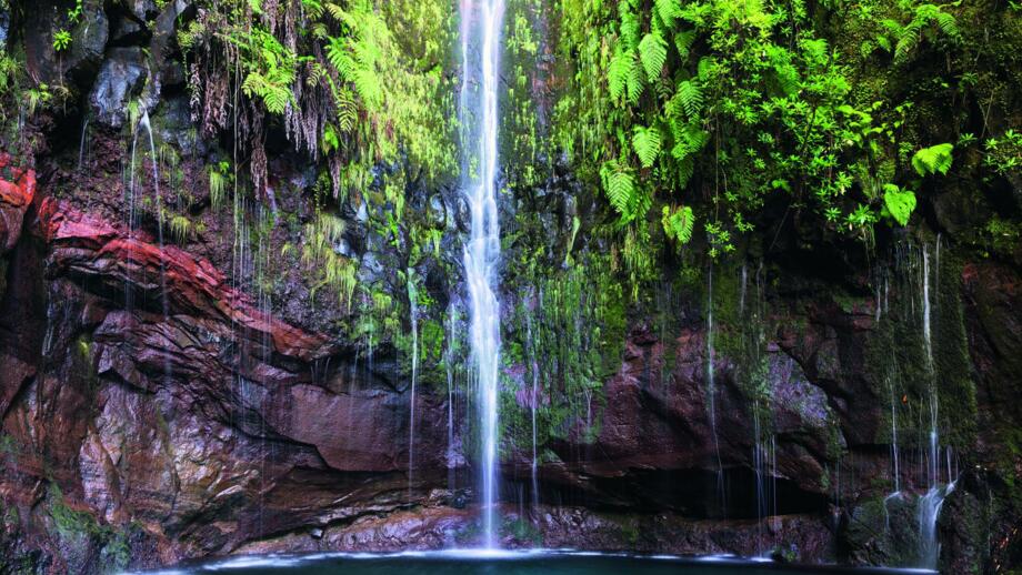 Wasserfall und üppiges Grün bei Rabacal auf Madeira