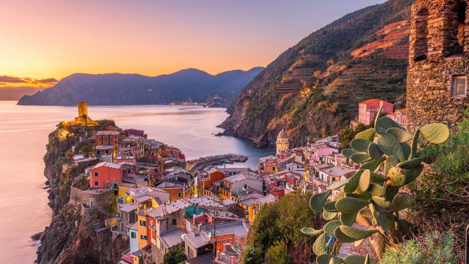 Die Stadt Vernazza bei Abenddämmerung mit Kakteen im Vordergrund und das rosa schimmernde Meer