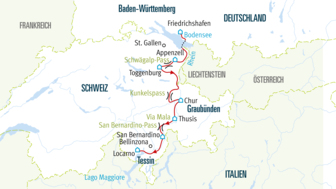 Die Karte der Tour vom Bodensee zum Lago Maggiore