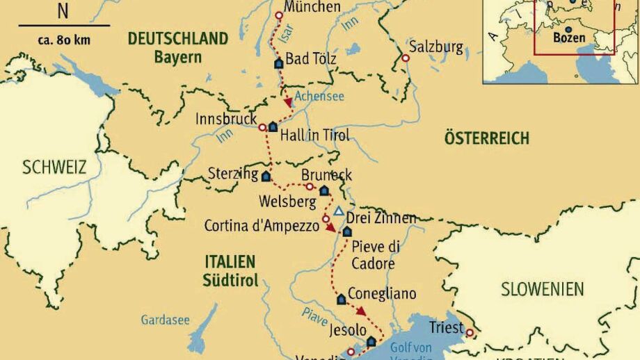 Karte der Trekkingrad-Transalp: RATVEN: München-Venedig