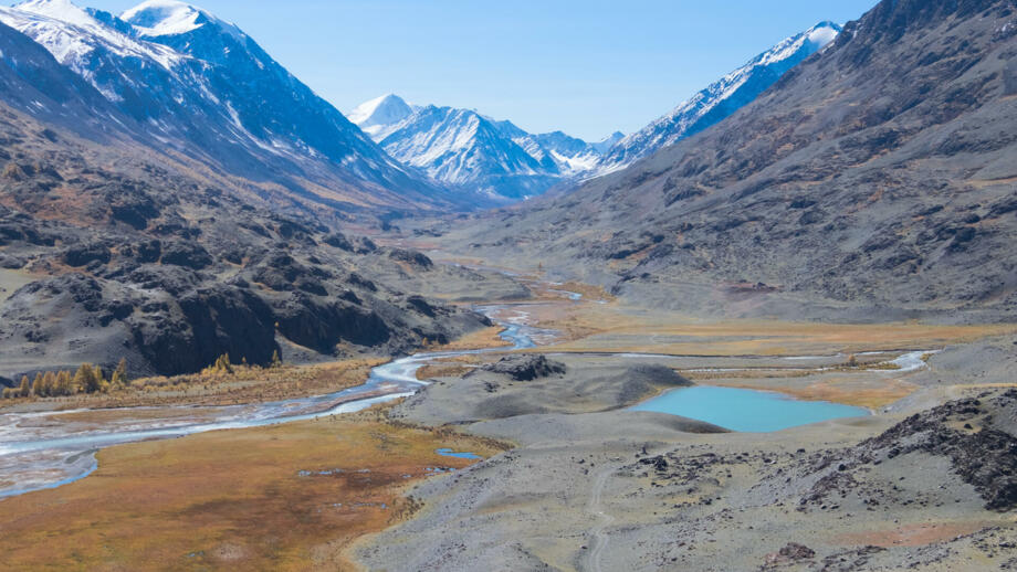 Hochtal im Tienshan mit Eisbergen, Fluss und Gletschersee