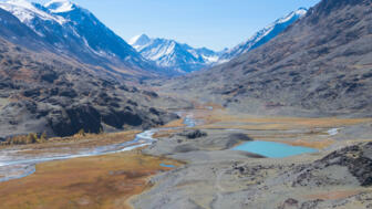 Hochtal im Tienshan mit Eisbergen, Fluss und Gletschersee
