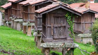 Steinhórreo auf Säulen und Steinboden in Terras de Celanova