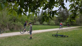 Ein Moutainbiker unterwegs auf einer Forststrasse während der eine Bremsübung bei dem MTB Fahrtechniktraning.