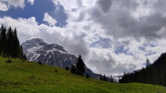 Eine grüne Bergwiese mit einzelnen Bäumen und die leicht schneebedeckten Berggipfel im Hintergrund bei bewölktem leicht sonnigen Wetter.