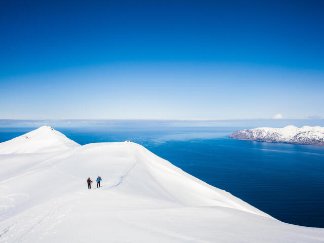 Skitourengeher in Island mit Blick auf das Meer im Hintergrund