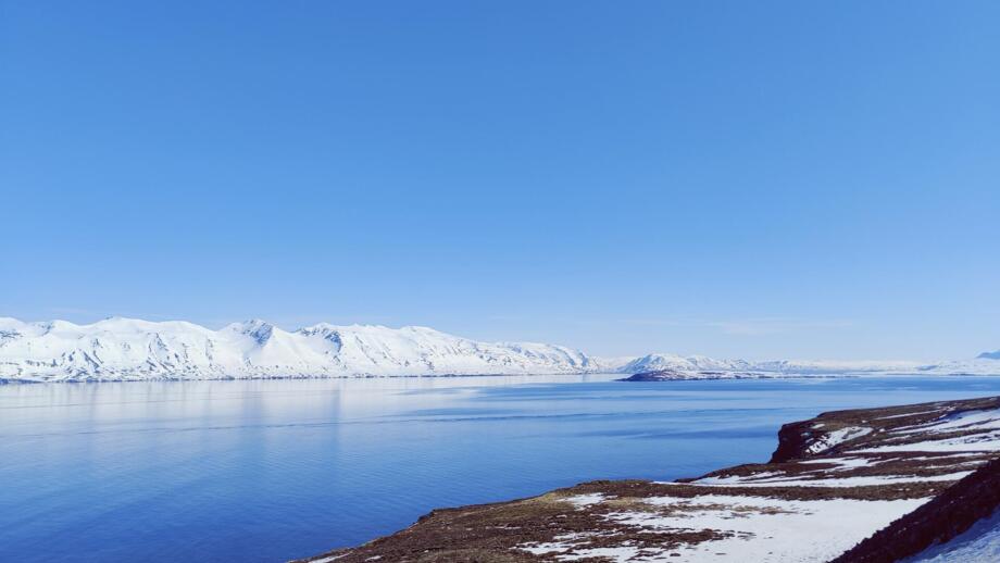 Blick über den Fjord in Island, schneebedeckte Berge im Hintergrund
