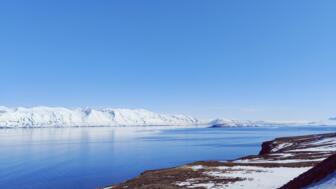 Blick über den Fjord in Island, schneebedeckte Berge im Hintergrund