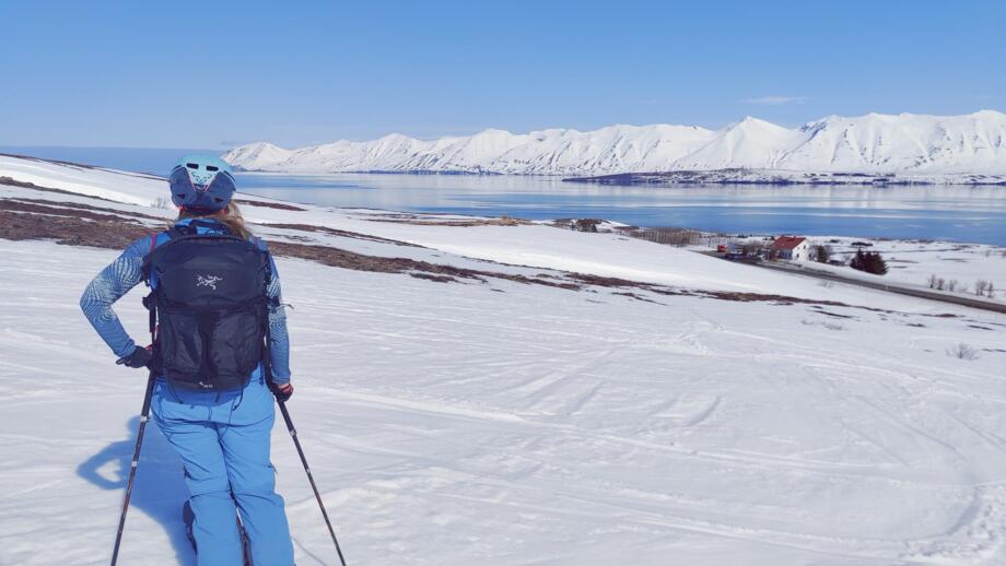 Blick von Hinten auf eine Frau, die einen Fjord in Island bestaunt