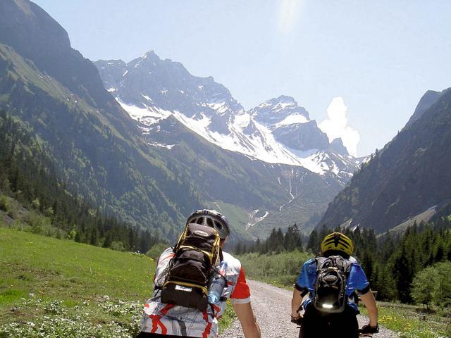 Zwei MTB Fahrer auf Forstweg mit Berge im Hintergrund