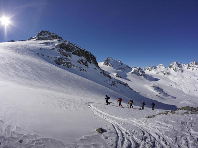 Skitourengruppe in der Silvretta bei Sonnenschein