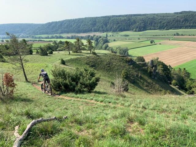 Ein Mountainbiker auf ein Singletrail im Altmühltal.