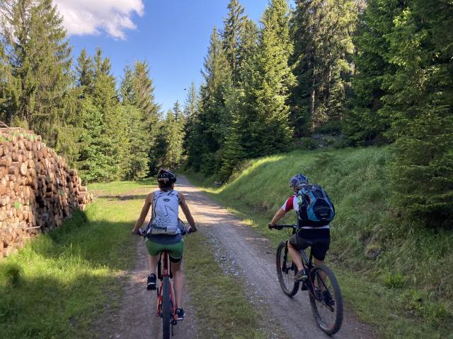 Fahrradfahrerinnen im Bayerischen Wald unter blauem Himmel