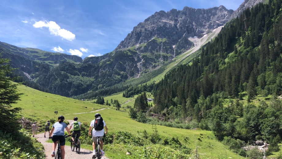 Eine Gruppe an Mountainbiker unterwegs auf Tour.  Sie fahren auf einer Straße. Die Sonne scheint. Im Hintergrund sieht man die Berge.