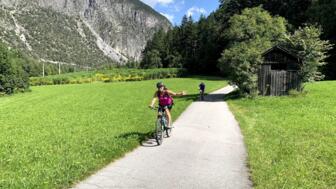Eine Trekkingbiker unterwegs auf einer Straße. Am Wegesrand ist Wiese. Im Hintergrund sind die Berge.