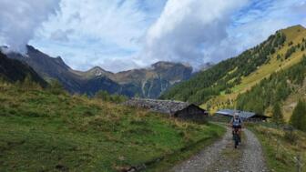 Ein E-Mountainbiker unterwegs auf einer Forststraße. Im Hintergrund sind die Berge zu sehen.
