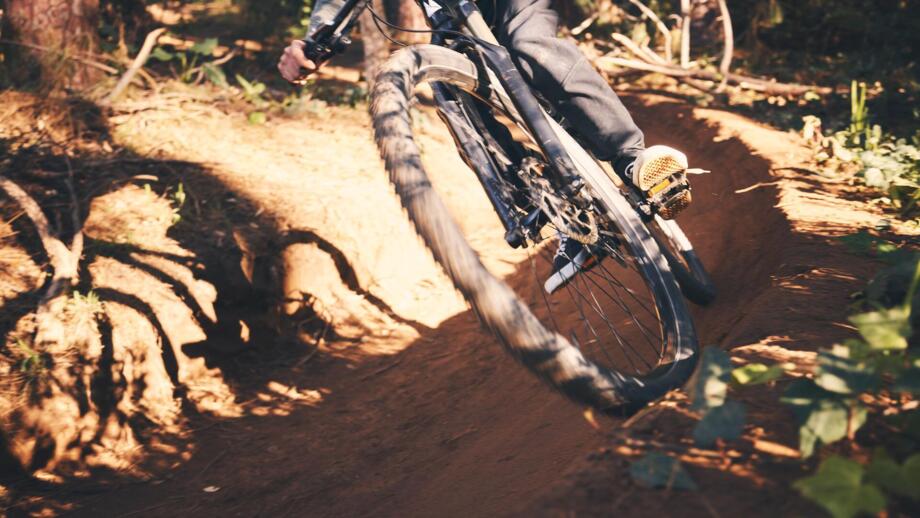 Ein Mountainbiker im Wald auf einem Trail während des Fahrtechniktrainings.