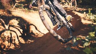 Ein Mountainbiker im Wald auf einem Trail während des Fahrtechniktrainings.