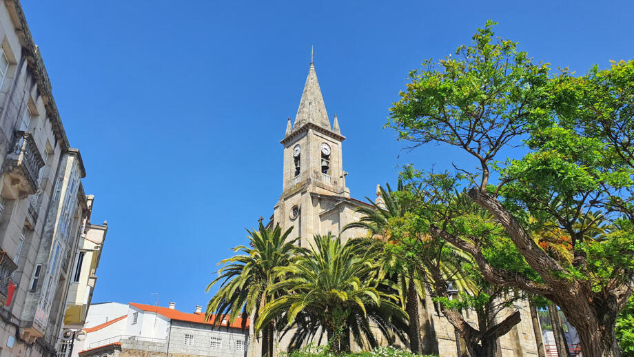 Alte Gebäude und Kirche in Caldas de Reis in Galicien, Bäume in Vordergrund