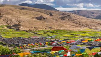 Blick auf das Dorf Sakya mit Gebetsfahnen und Rapsblüten bei Sonnenuntergang