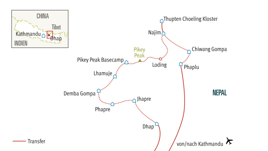 Eine Karte mit der Routenführung der Pikey Peak Wanderreise