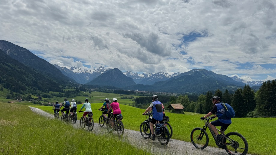 Eine Gruppe an Mountainbiker fährt auf einer Strasse. Am Wegesrand sind die grünen Allgäuer Wiesen zu sehen. Im Hintergrund die Berge.
