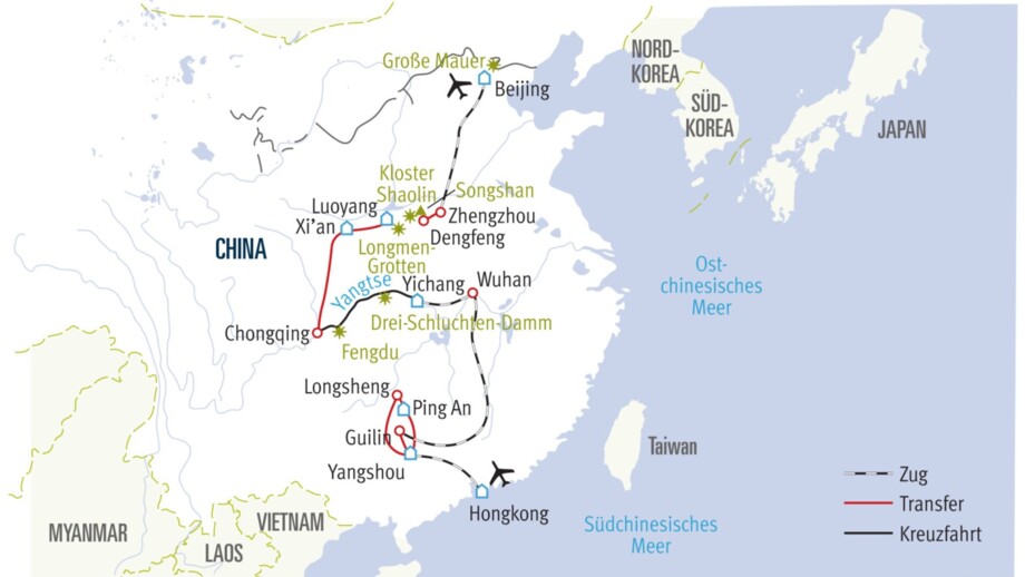Karte der China-Reise CHYAN mit Reiseroute