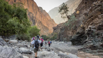 Wandergruppe in einem trockenen Bachbett in einem Wadi mit Felsen und Buschwerk