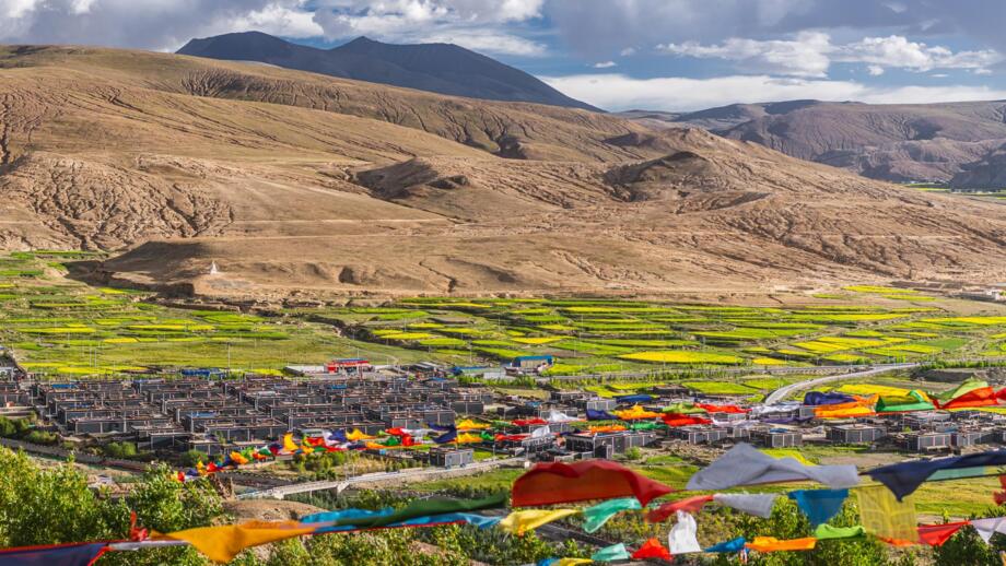 Blick auf das Dorf Sakya mit Gebetsfahnen und Rapsblüten bei Sonnenuntergang