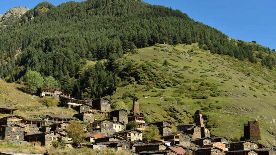 Dorf mit Wohnhäusern und Wehrtürmen in grüner Gras- und Baumlandschaft in Chewsuretien, Georgien