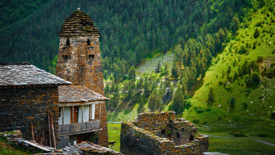 Steinernes Wohnhaus und alter Wachtturm in grünem Wald- und Wiesengelände in Dartlo, Chewsuretien, Georgien