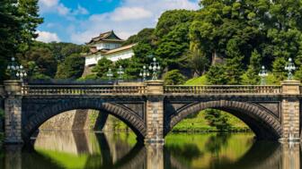 Nijubashi-Brücke mit Lampen vor dem Kaiserpalast in Tokyo