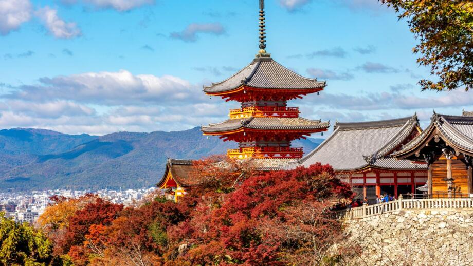 Buddhistische Pagode in Kyoto mit Bäumen und Buschwerk in herbstlicher Färbung