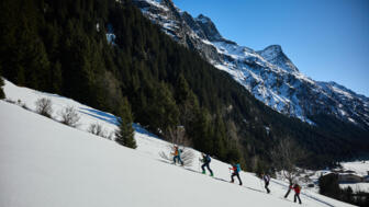 Gruppe im Aufstieg mit Skitourenski und Fellen