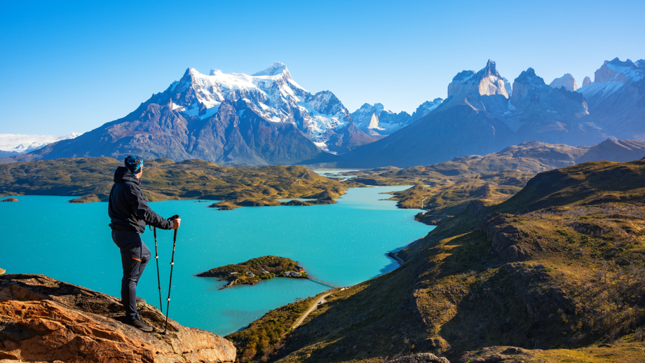 Wanderer Berggipfel Paine, Lago Pehoe
