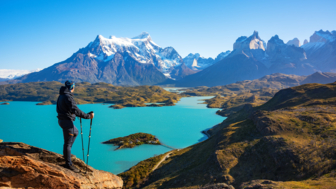 Wanderer Berggipfel Paine, Lago Pehoe