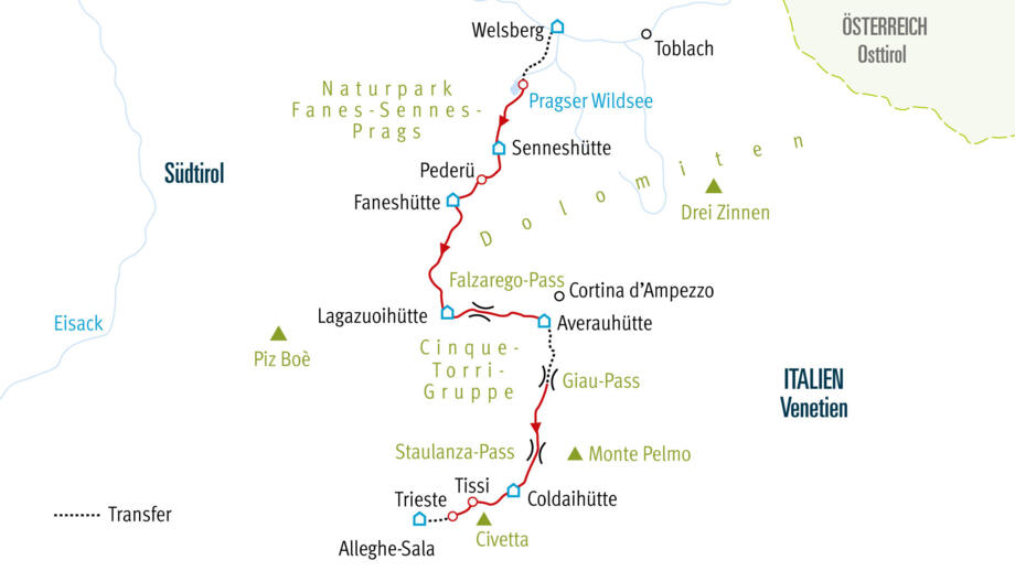 Karte Dolomiten-Höhenweg vom Pragser Wildsee in die Civetta