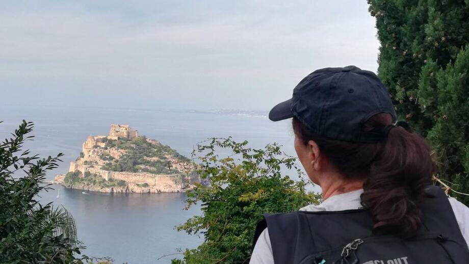 Aufnahme eines Wanderers mit Blick zwischen den Bäumen auf eine Insel mit Burgen