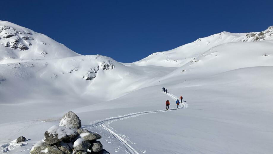 Skitourengruppe beim Aufstieg zu einem Gipfel in der Sesvennagruppe