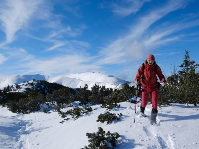 Mann auf Schneeschuhen in einsamer Winterlandschaft in der West-Tatra