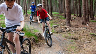 Eine Gruppe von Kids beim Mountainbiken im Wald