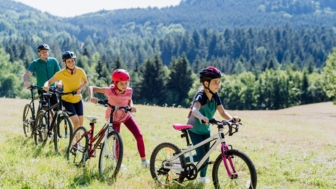 Eine Familie beim Mountainbiken auf einer Wiese.